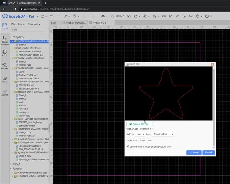 Importujte súbor.dxf do programu EasyEDA a vytvorte vlastný tvar