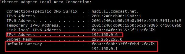 Sa ilalim ng Koneksyon ng Lokal na Area ng Etherenet Adapter, Hanapin ang Default Gateway at IPv4 Address