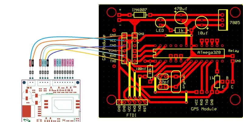 Connecteu GSM, mòdul GPS, sensor d’acceleròmetre i LCD a la placa de microcontroladors