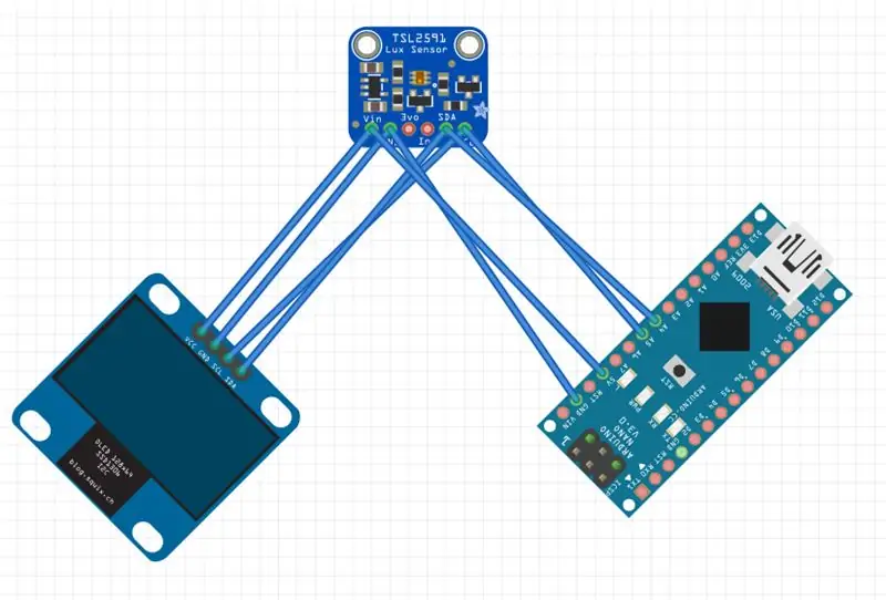 Fiação do Arduino Nano, do TSL2591 e do display OLED SSD1306