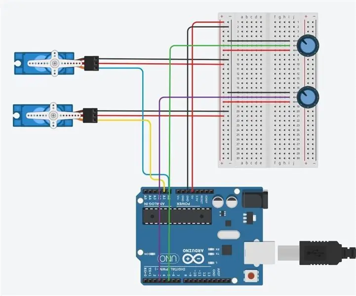 2 potentsiomeetrit ja 2 servot: kontrollitud liikumine Arduino abil: 4 sammu