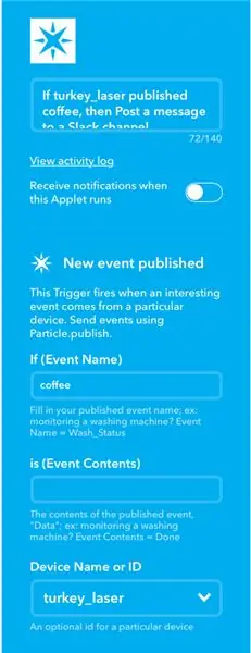 Nastavitev IFTTT med oblakom delcev in Slackom