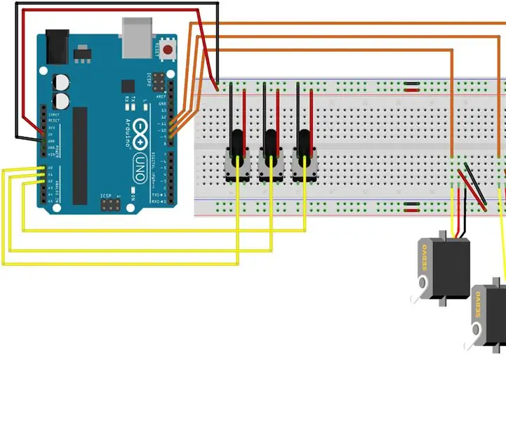 3 ta potentsiometr va Arduino bilan 3 ta servo dvigatelni boshqarish: 11 qadam (rasmlar bilan)