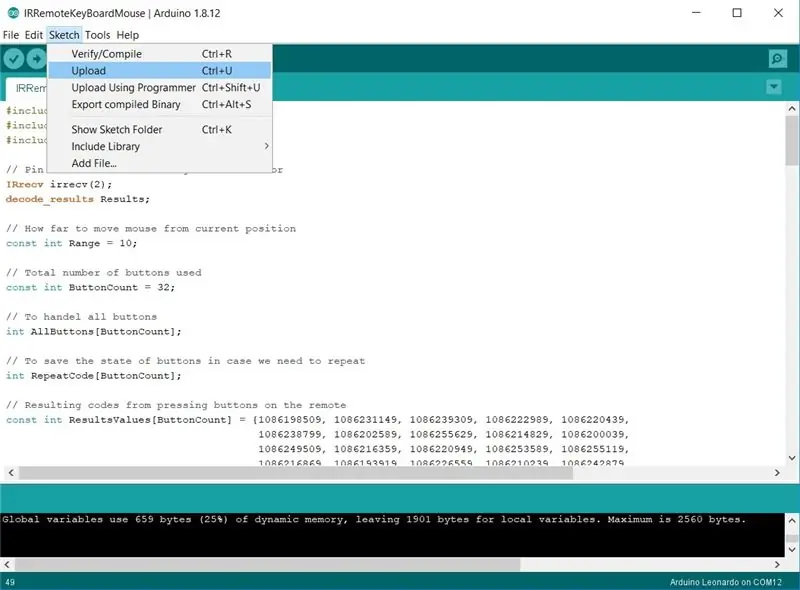 Töltse fel a kódot az Arduino Pro Micro -ra