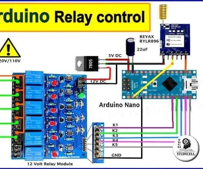 Obvod modulu relé relé Lora Arduino: 12 krokov