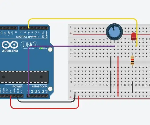 Decolorarea / controlul ledului / luminozității folosind potențiometru (rezistor variabil) și Arduino Uno: 3 pași