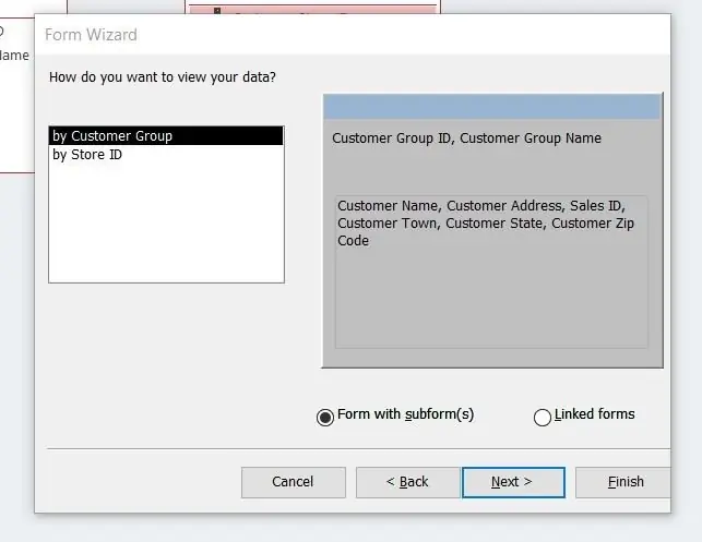 Alegeți „Formular cu subformular (e) pentru vizualizarea datelor dvs., apoi selectați„ Următor”
