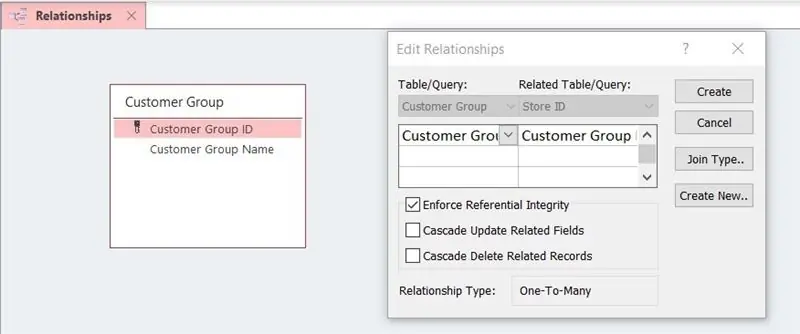 Velg "Håndhev referanseintegritet", deretter "Opprett". Det vil nå være en kobling mellom de to tabellene