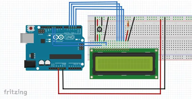 Bedrading - 16 x 2 karakter -LCD met Arduino Uno verbind