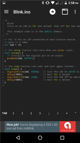 Intente cargar el boceto de muestra Blink.ino en Arduino usando un dispositivo Android a través de Bluetooth