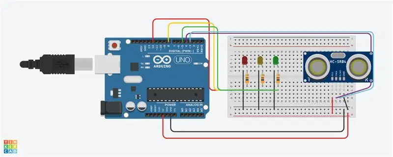 Circuito de sensor de distância ultrassônico TinkerCAD (computador final)