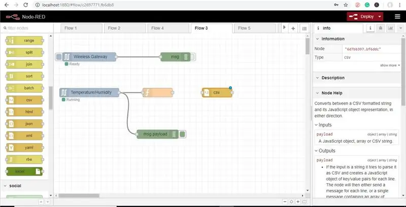 Ta nå en CSV-node fra paletten og plasser den til høyre for funksjonsnoden, den vil konvertere verdiene CSV-formatet, dvs. kommaseparerte verdier