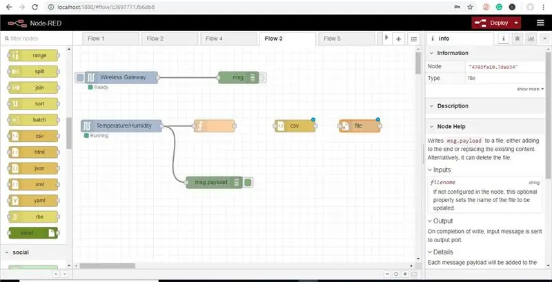 Gehen Sie nun zurück zu Ihrer Palette und geben Sie "Datei" in das Suchfeld oben ein, nehmen Sie diejenige, die "Writes Msg.payload" anzeigt, um die Werte zu speichern und direkt in den CSV-Knoten zu platzieren. Sie können auch den Debug-Knoten anhängen, um den Dateiknoten auszuchecken