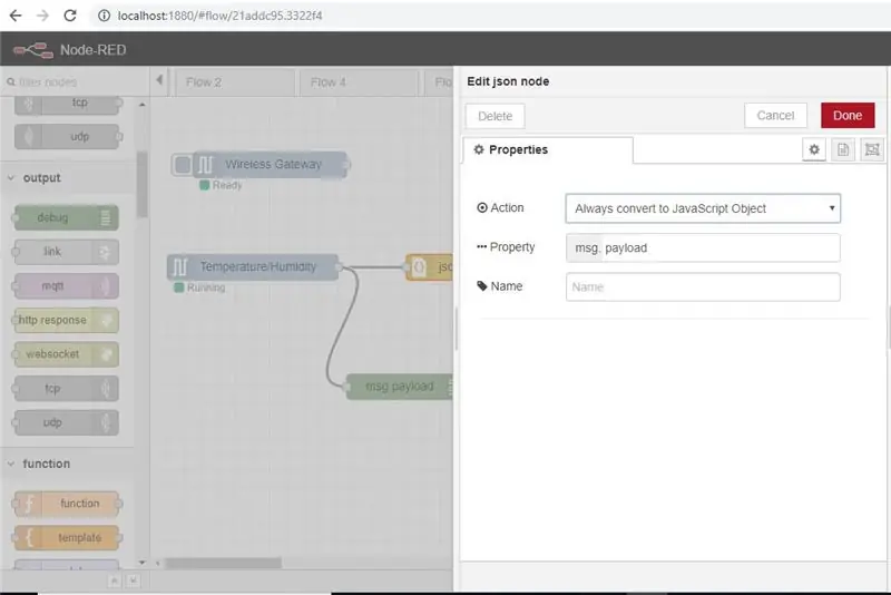 Dobbeltklikk på den Rediger JSON -noden, rediger den som vist på bildet nedenfor og klikk på Ferdig