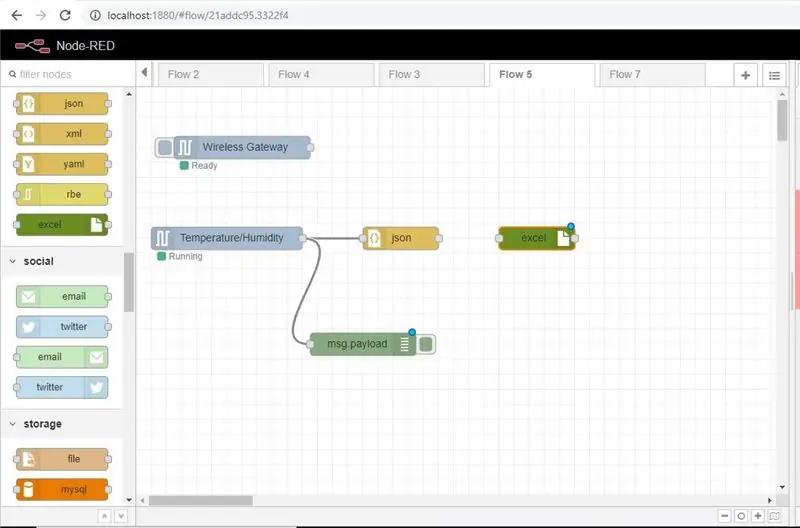 Gryp nou die 'excel' -knoop wat u vanaf die palet geïnstalleer het en plaas dit regs van die' JSON '-knoop