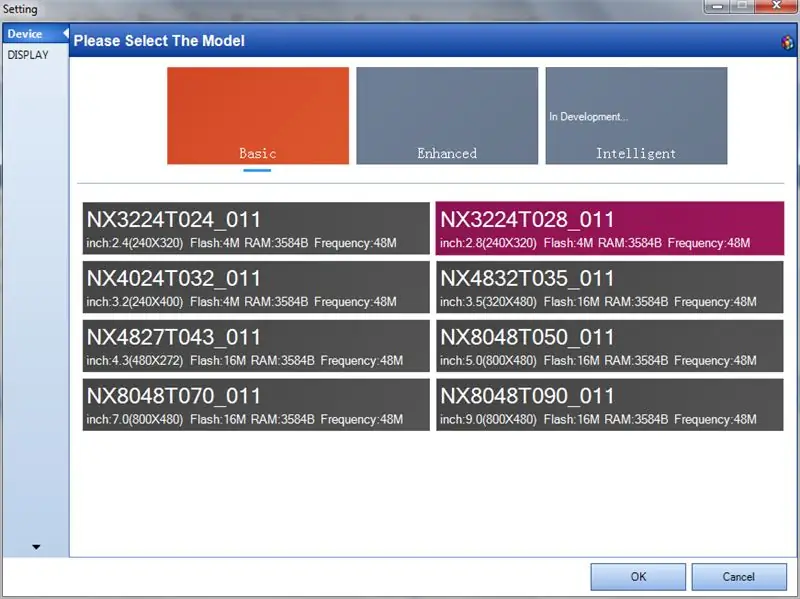 Start Nextion Editor, og vælg Display Type og Orientation