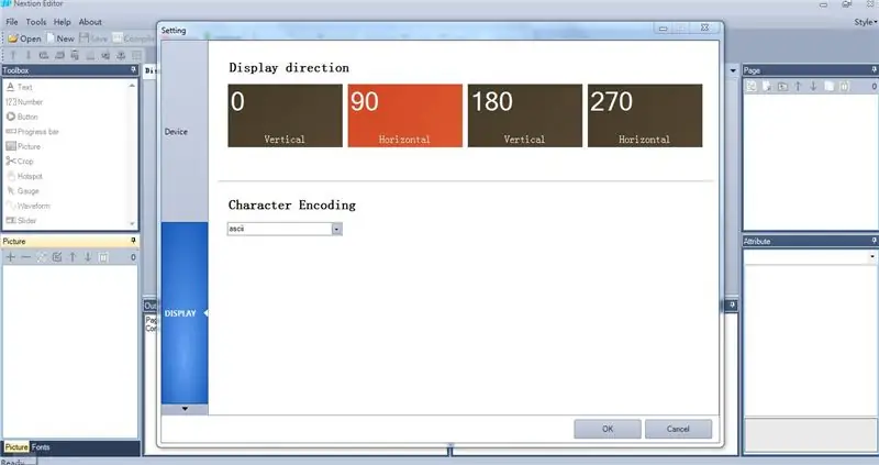 ابدأ تشغيل محرر Nextion ، وحدد نوع العرض والاتجاه