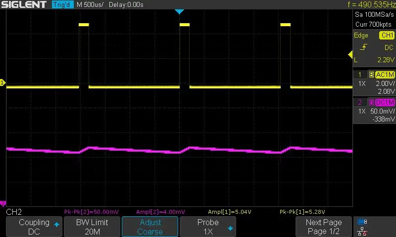 Figura 2, o sinal PWM (CH1: 2V / div) e o resultado após passar pelo filtro R5-C7 RC (CH2: 50mV / div)