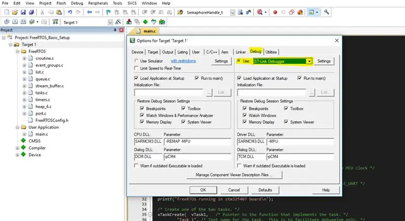 V konfigurácii kompilátora vyberte ST-Link Debugger