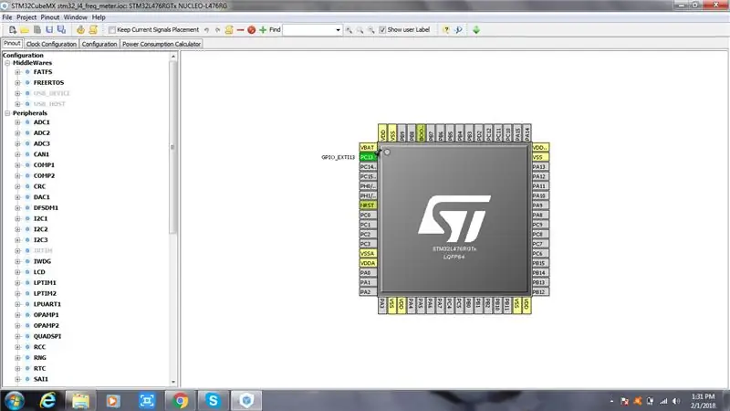 Obriu la placa Nucleo Stm32cubemx Select Stm32l476. Seleccioneu PC_13 com a pin d'interrupció extern