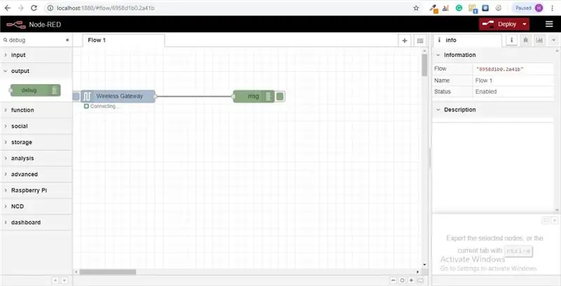 Ngayon Gumuhit ng isang Linya sa Pagitan ng Dalawang Mga Node, at I-click ang "Pag-deploy" sa Nangungunang Kanan ng Window.