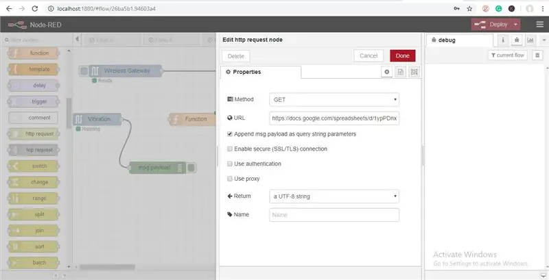 اکنون به Node-red برگردید و روی Http Request Node برای ویرایش آن دوبار کلیک کنید ، سپس URL را از دفترچه یادداشتی که ذخیره کرده اید کپی کرده و آن را در قسمت URL همانطور که در شکل نشان داده شده Paste کنید