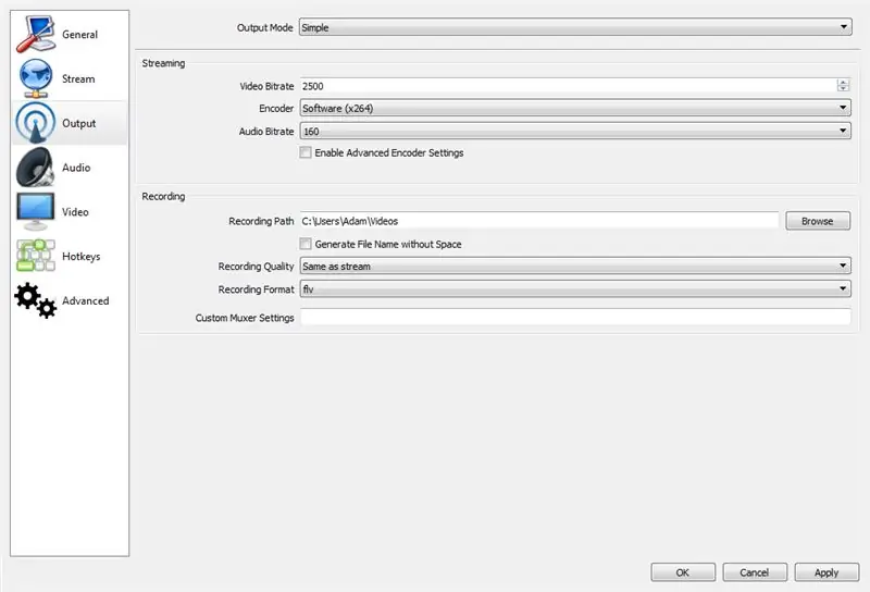 Configurações e local de transmissão / gravação ao vivo