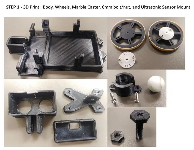 3D-print: body, wielen, marmeren zwenkwiel, 6 mm bout/moer en ultrasone sensorbevestiging