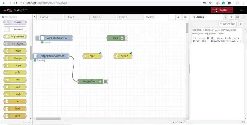 Ara afegiu un node de "commutador", això ens permetrà enviar cada missatge a una part específica del flux, una per gestionar RMS i una a màxima, una a mínima i una a temperatura