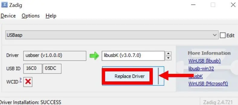 USBasp -ohjaimen asentaminen Zadigia käyttäen