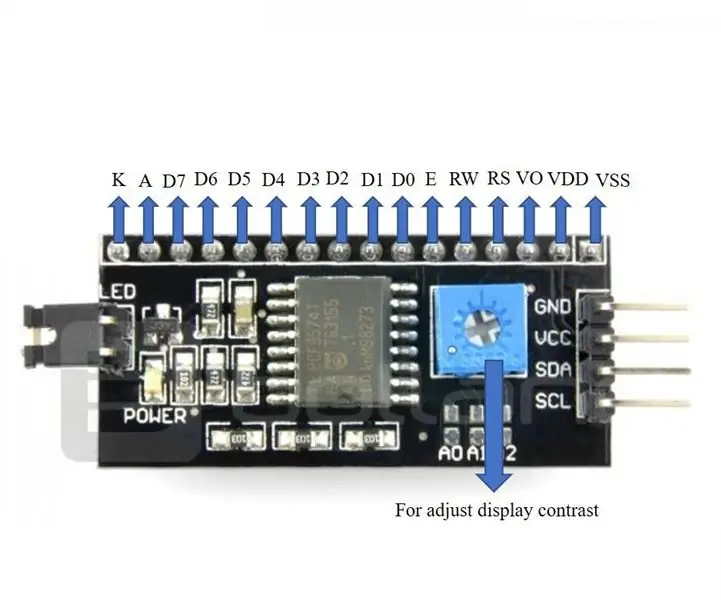 Detaljer och anslutningar för I2C LCD -adapter: 5 steg