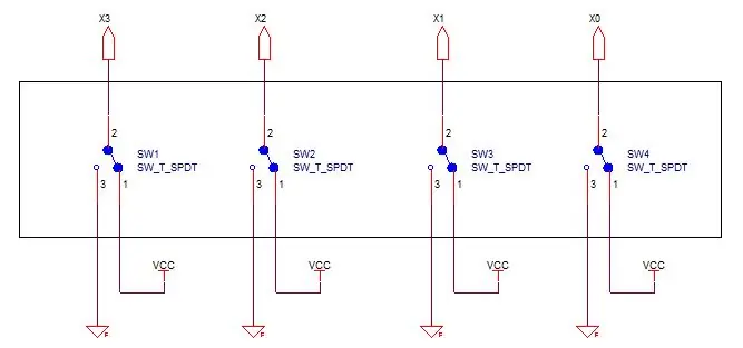 Schließen Sie 8 SPDT-Schalter an Masse und Vcc an, wie im Schema unten gezeigt. Verbinden Sie dann die 8 SPDT-Schalter mit den beiden unteren Sieben-Segment-Anzeige- und Treiberschaltungen sowie der 4-Bit-Addiererschaltung, wie im Blockschaltbild gezeigt