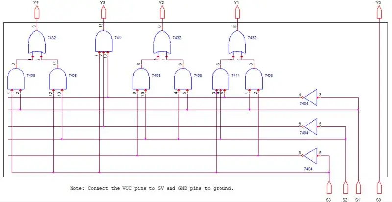 Sestrojte 4bitový obvod binární k BCD, jak je znázorněno na schematickém diagramu níže. Připojte 4bitový obvod binární k BCD ke 4bitovému sčítači, jak je znázorněno v blokovém schématu na začátku tohoto pokynu