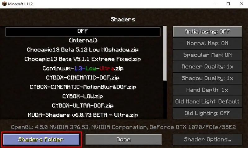 התקנת חבילות Shaders 1.16.5